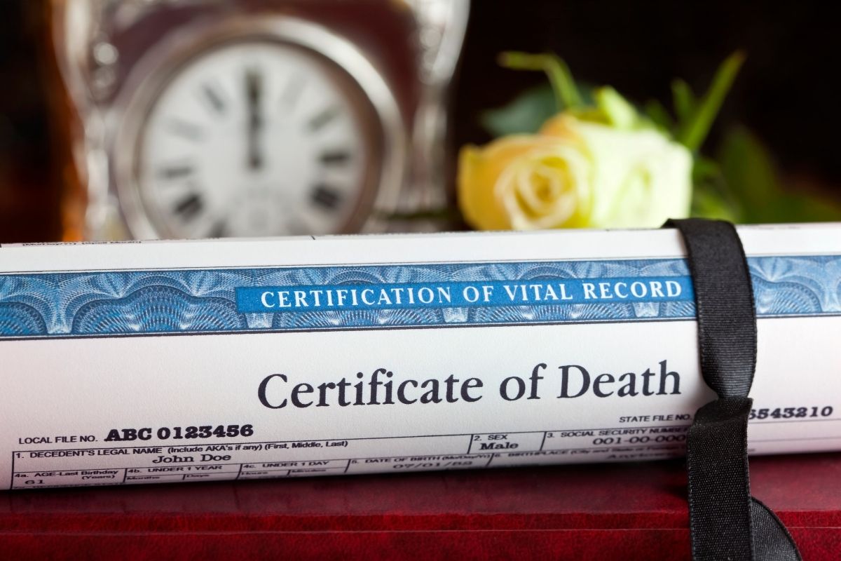 A California death certificate is sitting on a table.