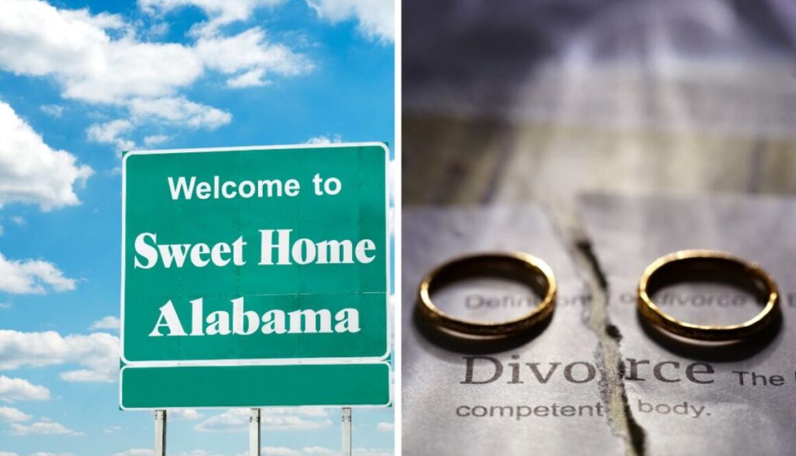 A pair of wedding rings on top of a divorce certificate side by side with the Alabama street marker.