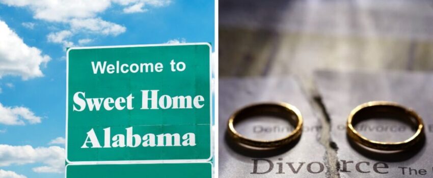 A pair of wedding rings on top of a divorce certificate side by side with the Alabama street marker.