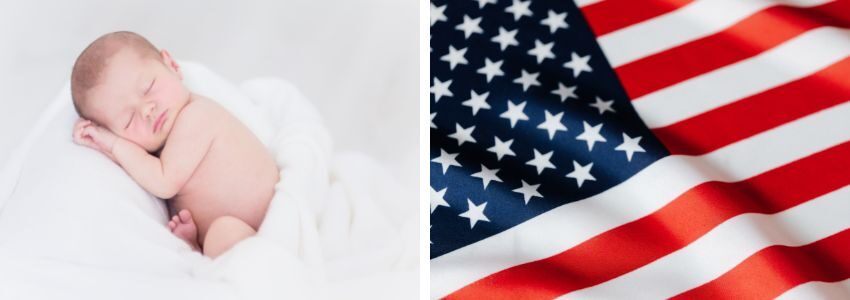 A baby side by side with a US flag.