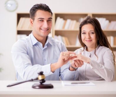 A couple in front of a judge's point of view having a common law marriage